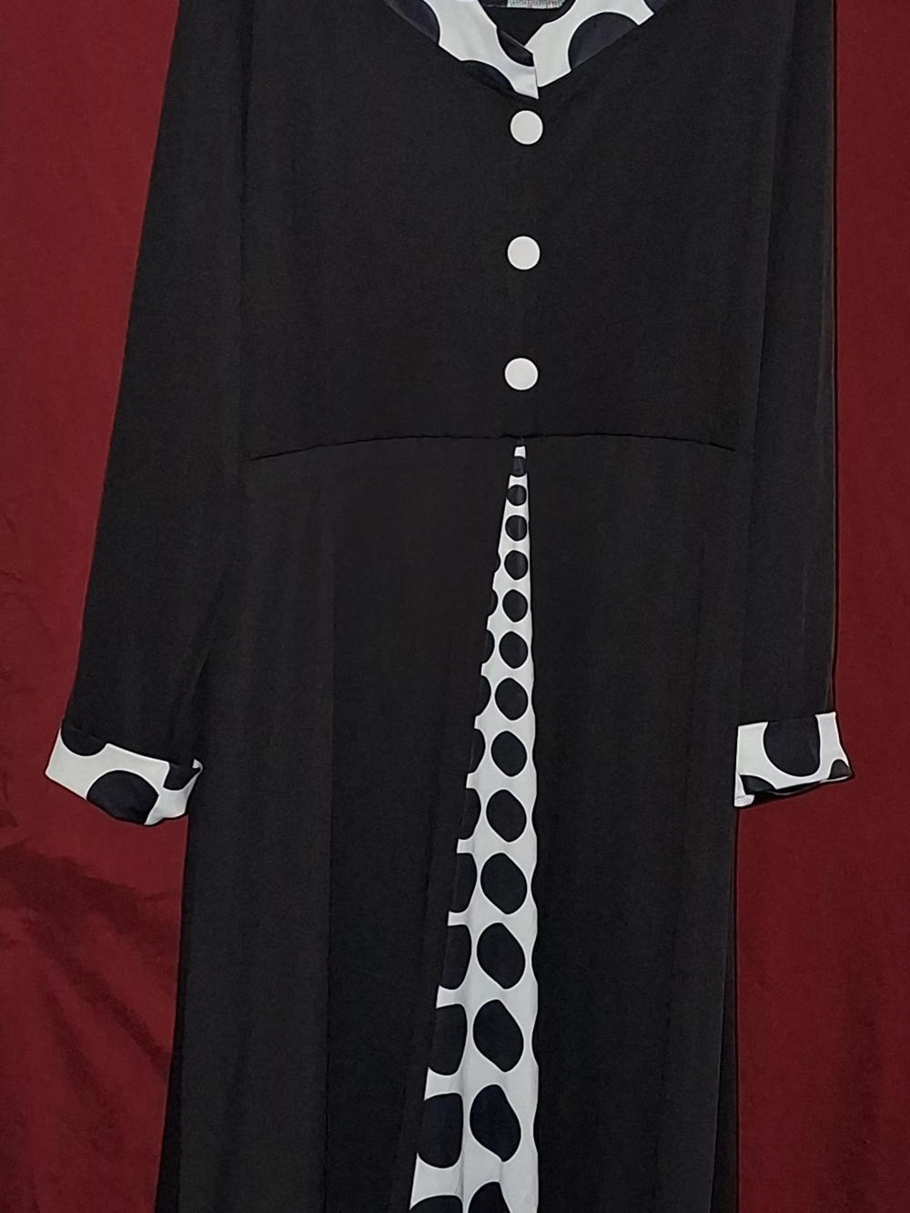Black Long-Sleeve Dress with White Polka Dot Trim